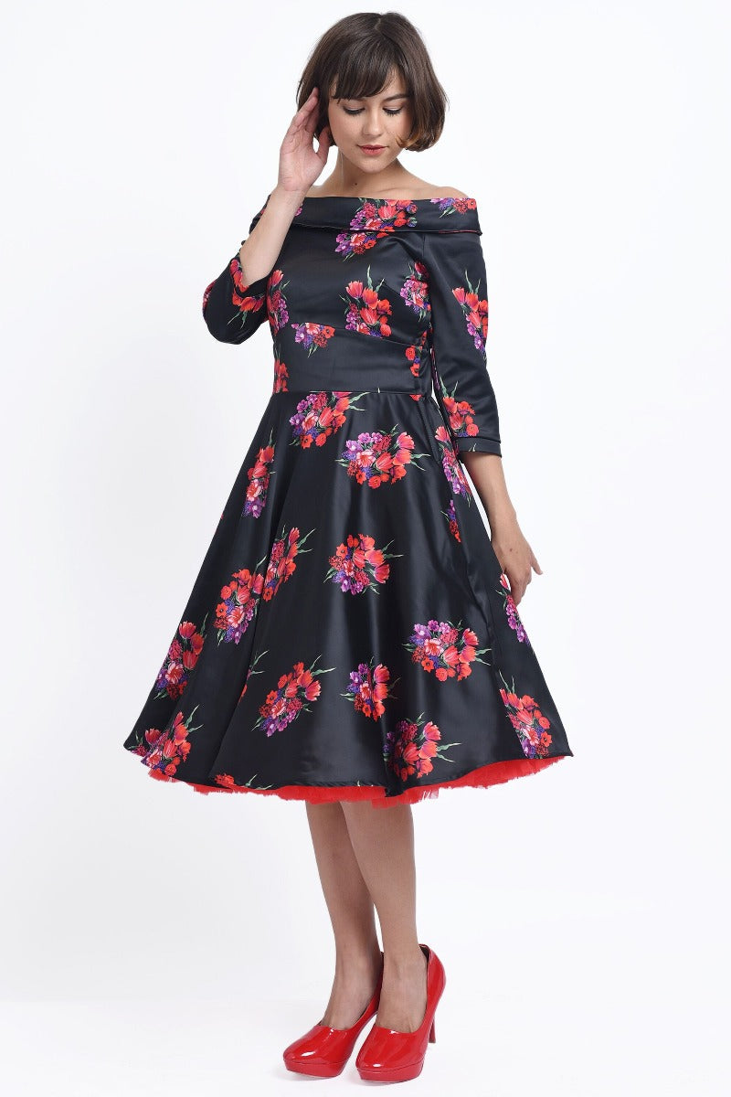 Deborah Long-Sleeved Swing Dress in Black with Pink Flowers