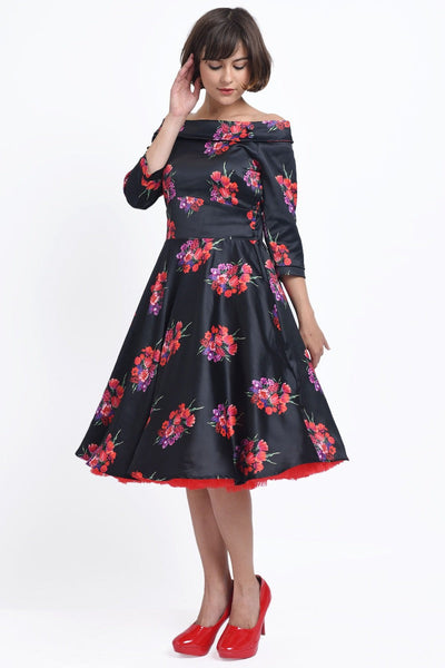 Deborah Long-Sleeved Swing Dress in Black with Pink Flowers