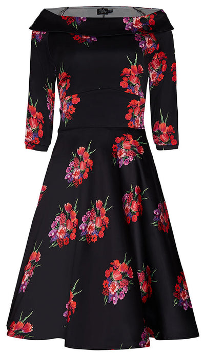 Deborah Long-Sleeved Swing Dress in Black with Pink Flowers