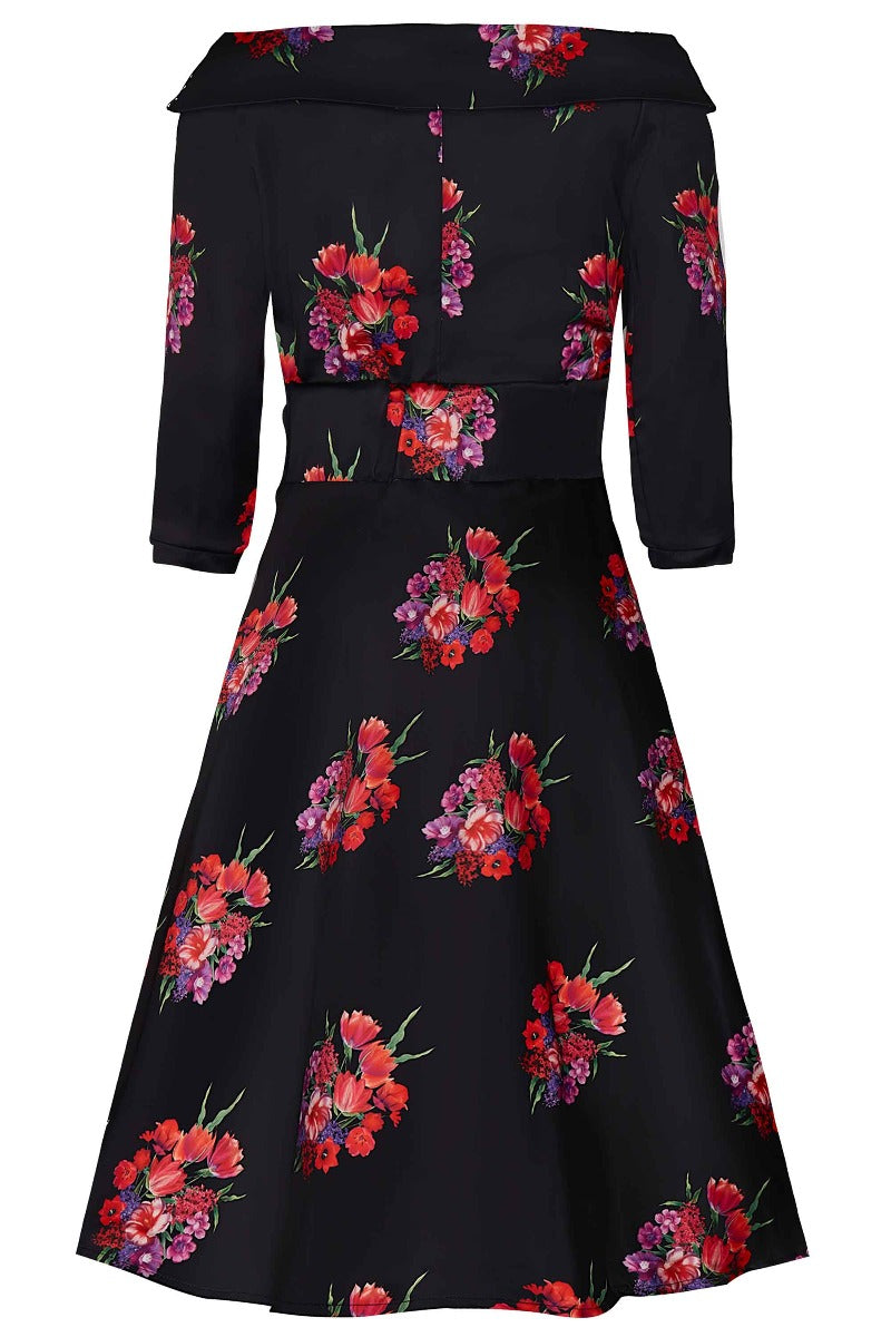 Deborah Long-Sleeved Swing Dress in Black with Pink Flowers