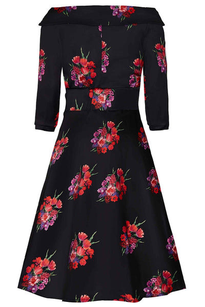Deborah Long-Sleeved Swing Dress in Black with Pink Flowers
