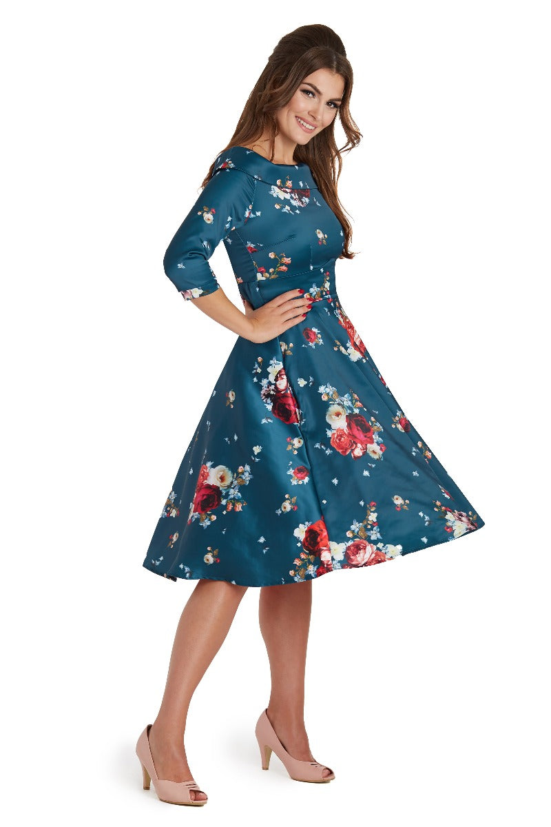 Deborah Long-Sleeved Swing Tea Dress Teal Blue Red & Pink Roses