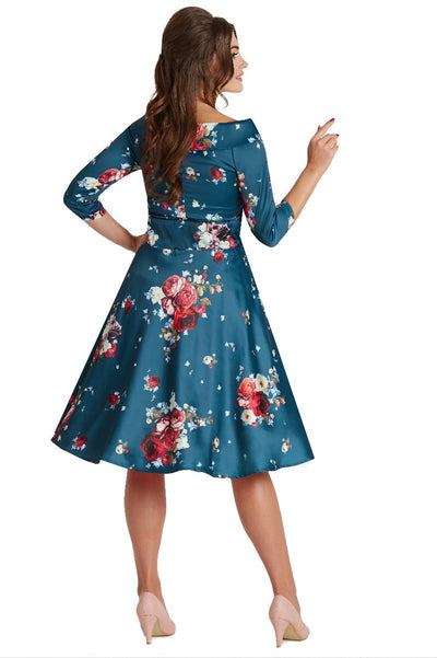 Deborah Long-Sleeved Swing Tea Dress Teal Blue Red & Pink Roses
