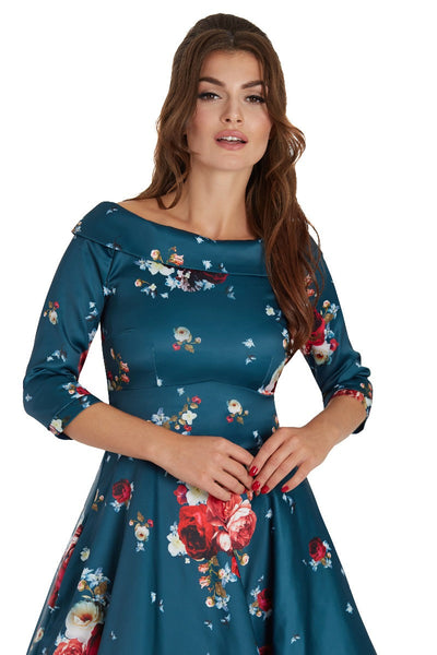 Deborah Long-Sleeved Swing Tea Dress Teal Blue Red & Pink Roses