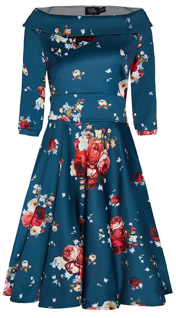 Deborah Long-Sleeved Swing Tea Dress Teal Blue Red & Pink Roses