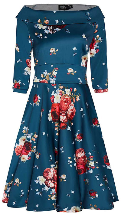 Deborah Long-Sleeved Swing Tea Dress Teal Blue Red & Pink Roses