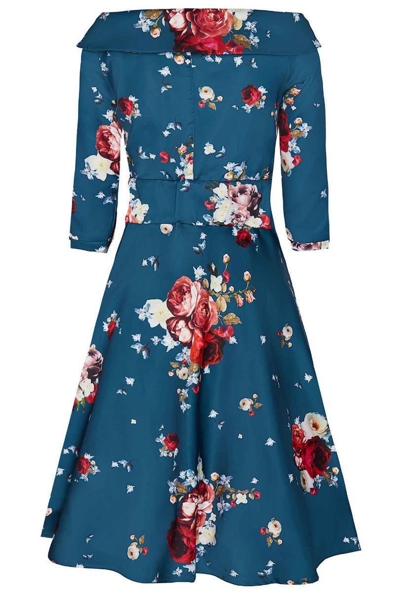 Deborah Long-Sleeved Swing Tea Dress Teal Blue Red & Pink Roses