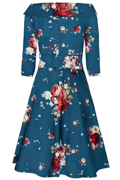 Deborah Long-Sleeved Swing Tea Dress Teal Blue Red & Pink Roses