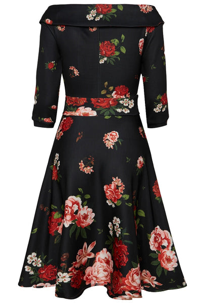 Deborah Flattering Swing Dress - Black with Raising Rose