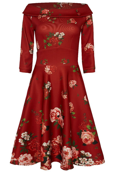 Deborah Flattering Long-Sleeved Swing Dress Red & Raising Roses
