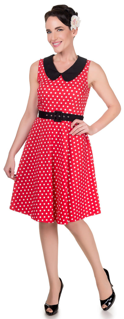 Courtney Vintage Style Swing Dress in Red Polka Dot with Black Collar