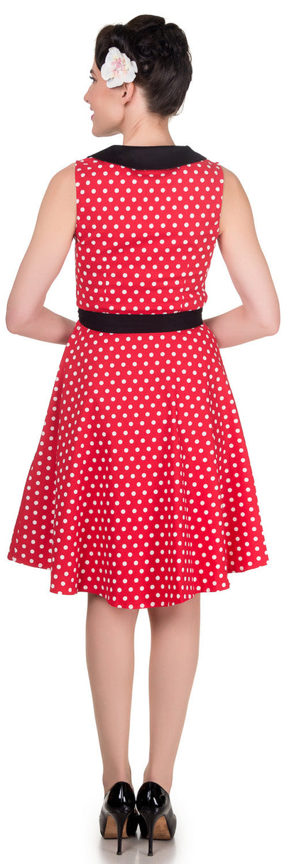 Courtney Vintage Style Swing Dress in Red Polka Dot with Black Collar