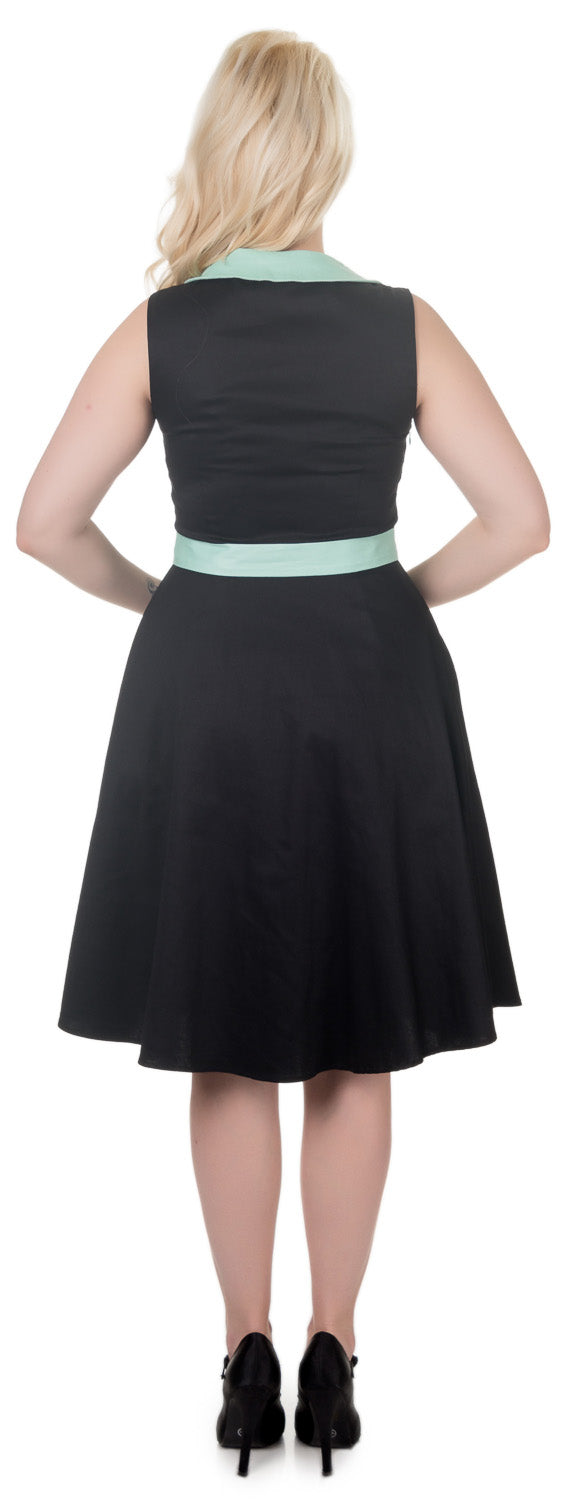 Courtney Vintage Style Swing Dress in Black with Turquoise Collar