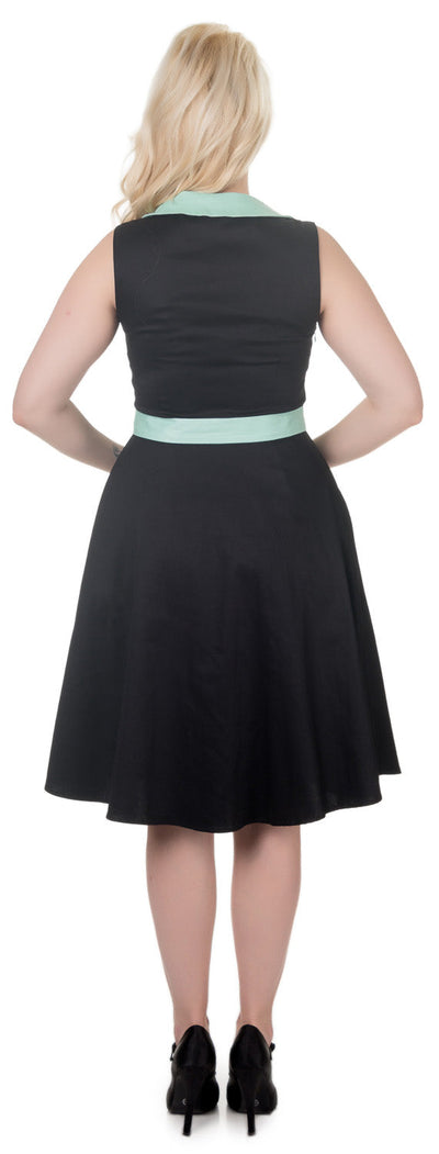 Courtney Vintage Style Swing Dress in Black with Turquoise Collar
