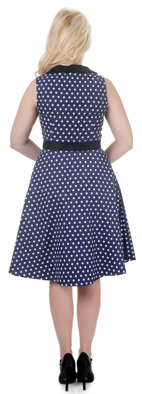 Courtney Vintage Style Swing Dress in Navy Blue with Black Collar