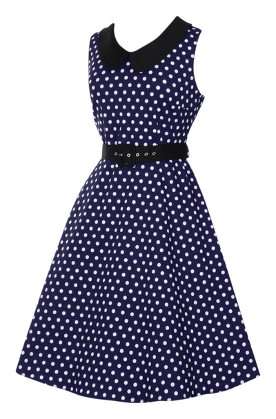 Courtney Vintage Style Swing Dress in Navy Blue with Black Collar