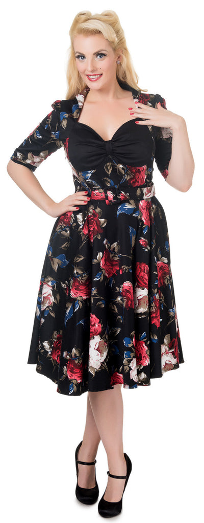 Lillian Vintage Dress with Sleeves in Black Floral