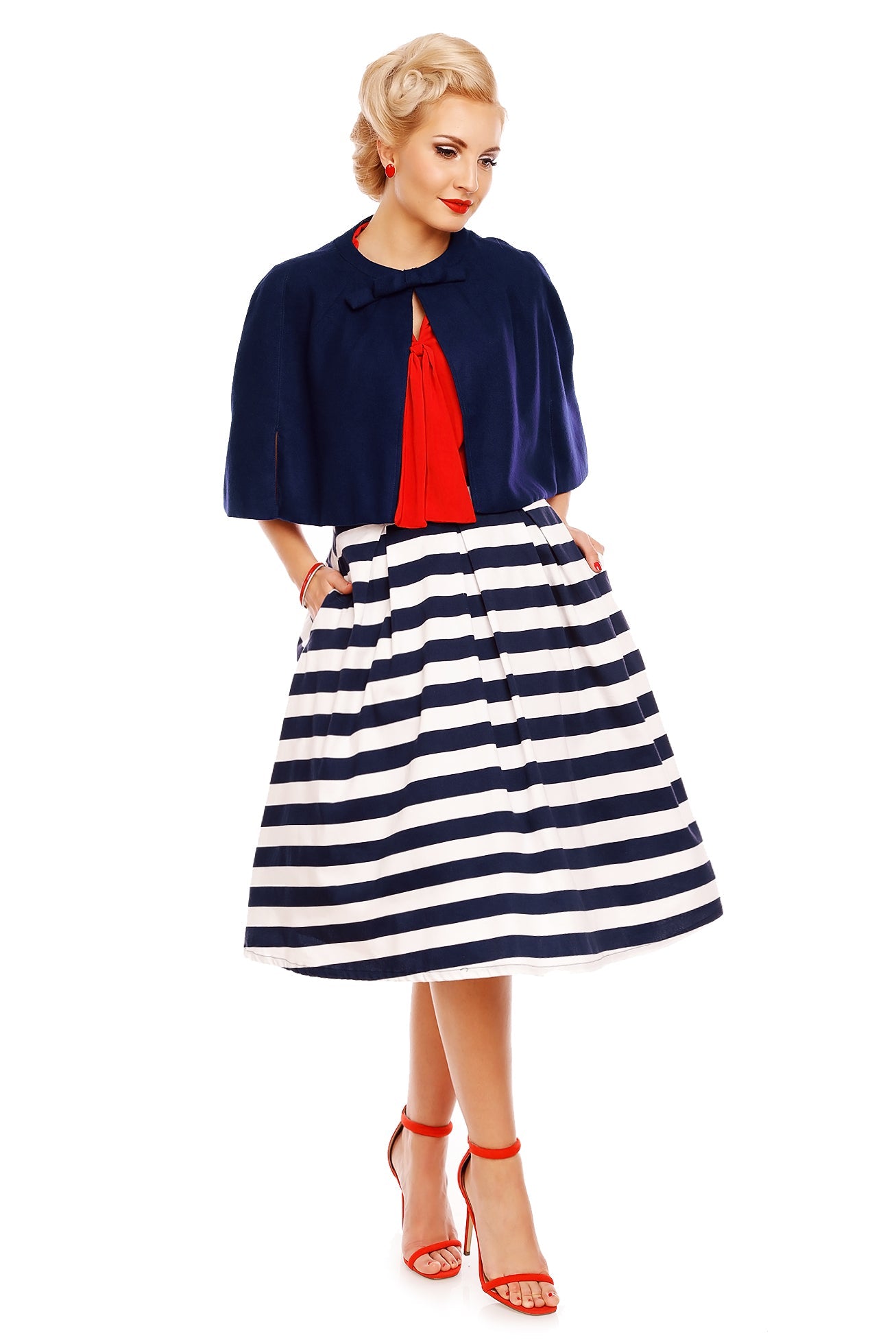 Rita Pleated Swing Skirt in White-Blue Striped