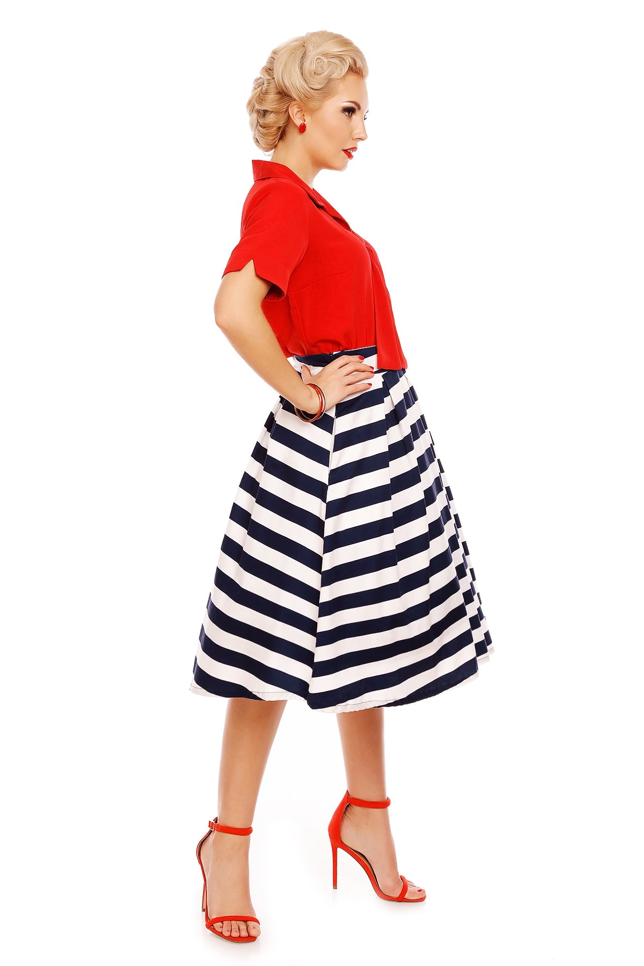 Rita Pleated Swing Skirt in White-Blue Striped