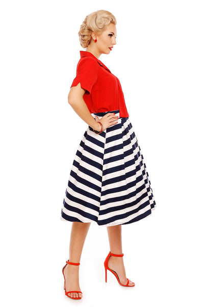 Rita Pleated Swing Skirt in White-Blue Striped
