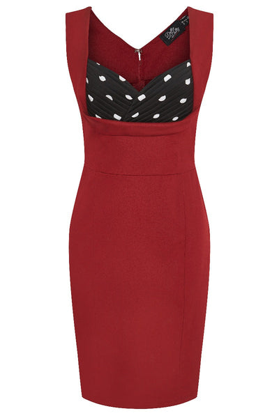 Georgette Wiggle Dress Burg Skirt with Black Bust-White Polka Dots