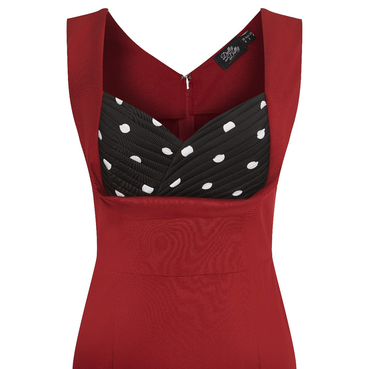 Georgette Wiggle Dress Burg Skirt with Black Bust-White Polka Dots