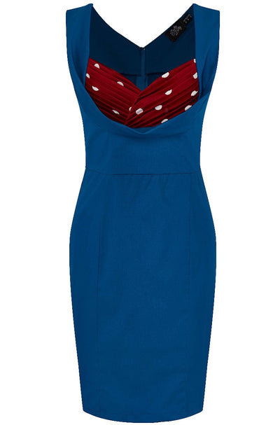 Georgette Wiggle Dress Peacock Blue & Burgundy/White Polka
