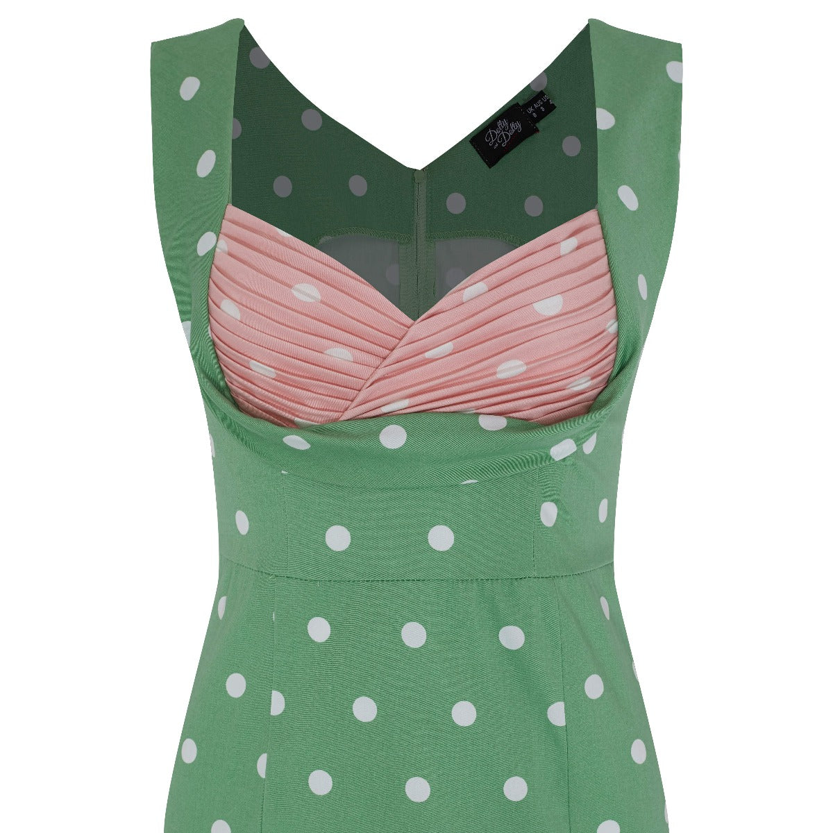 Georgette Wiggle Dress Tea Green & Pale Pink, White Polka Dots