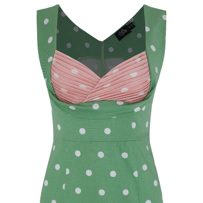 Georgette Wiggle Dress Tea Green & Pale Pink, White Polka Dots