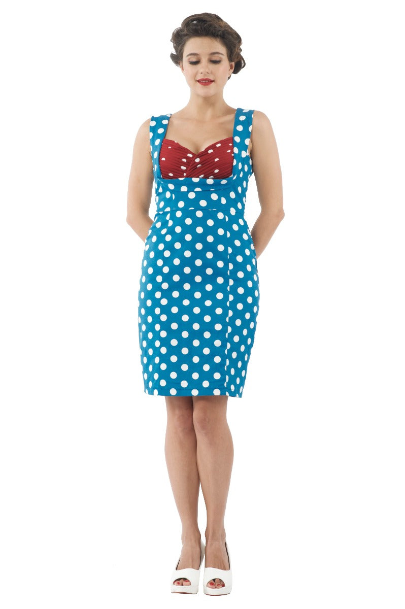 50s Inspired Wiggle Dress Azure Blue & Burgundy Polka Dots 