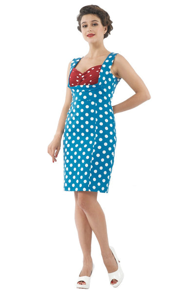 50s Inspired Wiggle Dress Azure Blue & Burgundy Polka Dots 