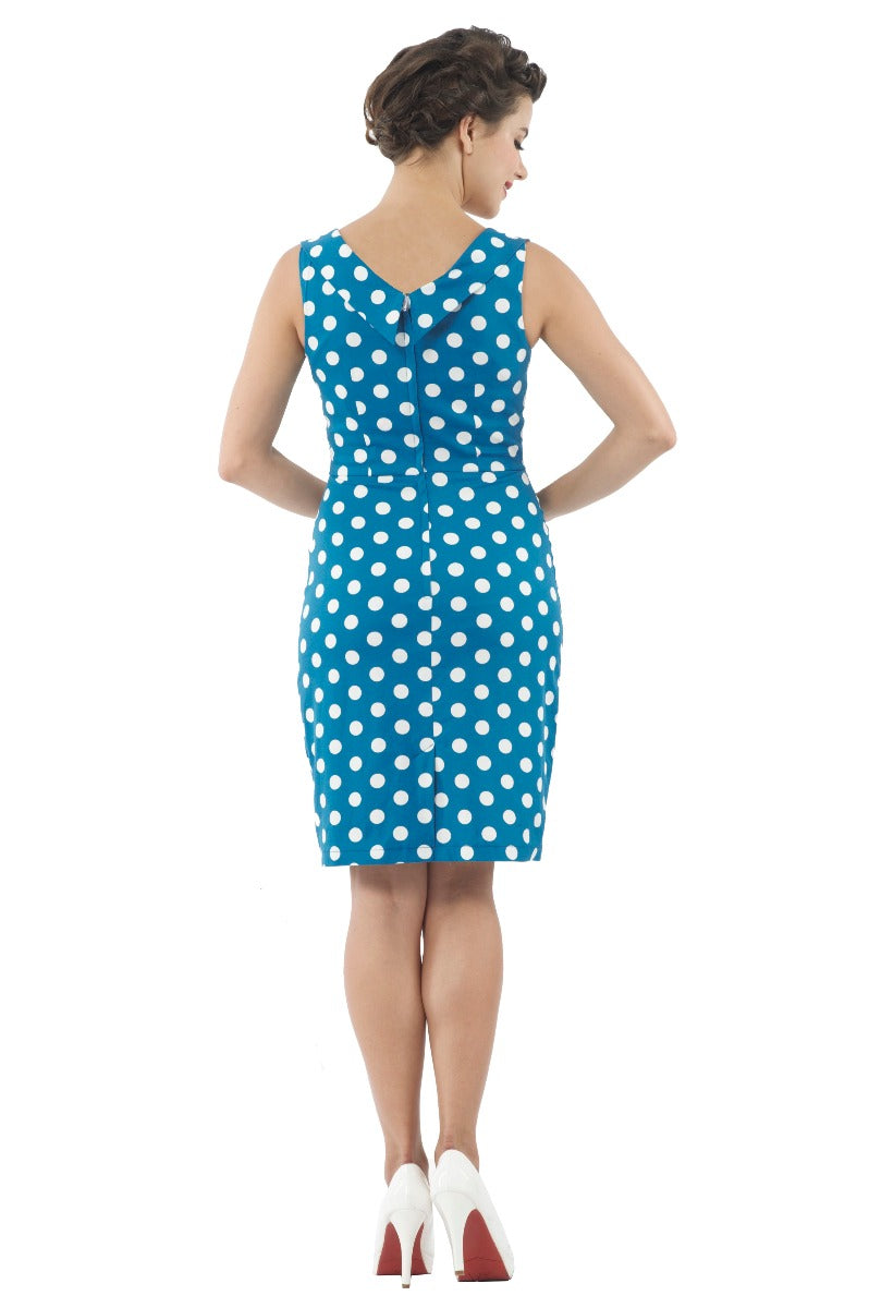 50s Inspired Wiggle Dress Azure Blue & Burgundy Polka Dots 