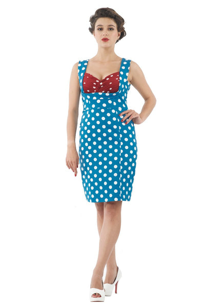 50s Inspired Wiggle Dress Azure Blue & Burgundy Polka Dots 