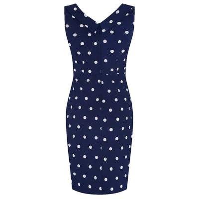 Georgette Wiggle Dress Navy Blue, Red & Off White Polka Dots