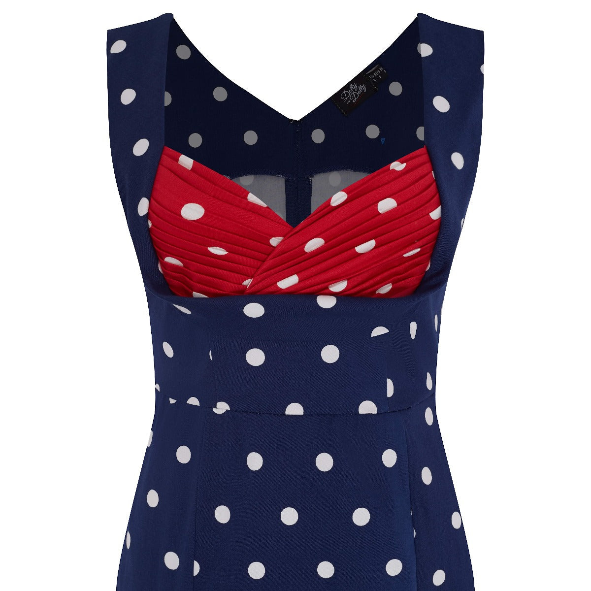 Georgette Wiggle Dress Navy Blue, Red & Off White Polka Dots