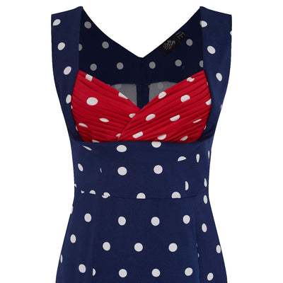 Georgette Wiggle Dress Navy Blue, Red & Off White Polka Dots