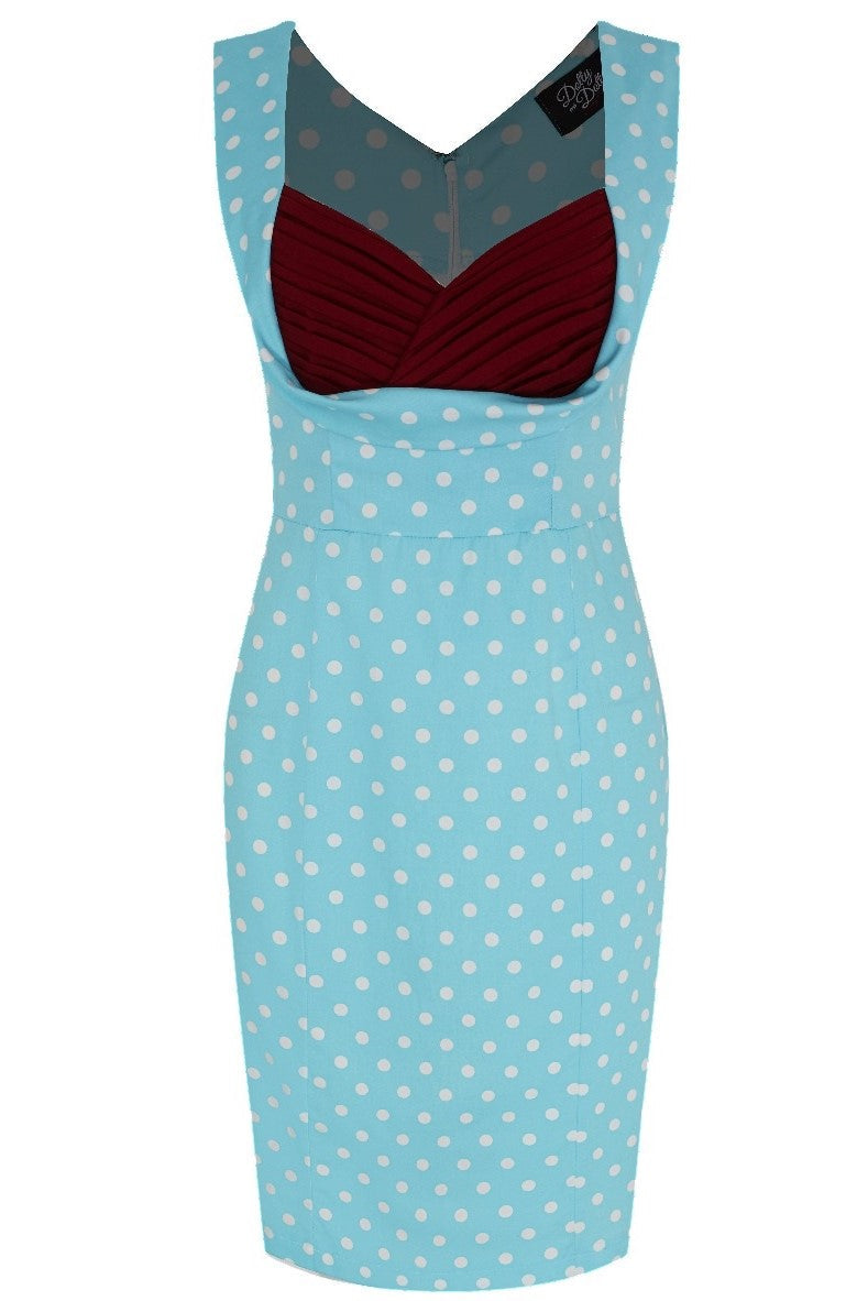 Georgette Vintage Inspired Wiggle Dress in Light Blue with Burgundy & White Polka Dots