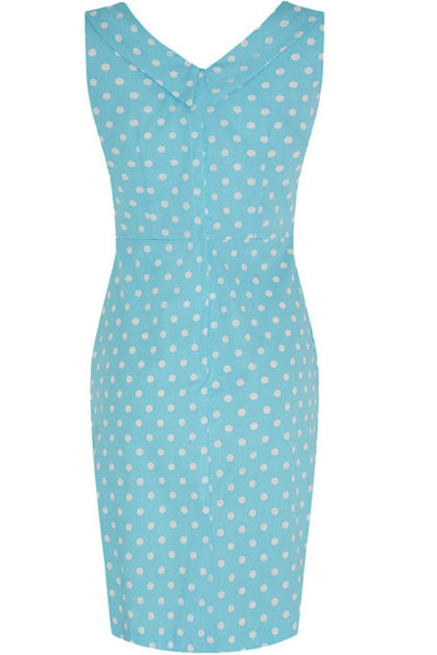 Georgette Vintage Inspired Wiggle Dress in Light Blue with Burgundy & White Polka Dots