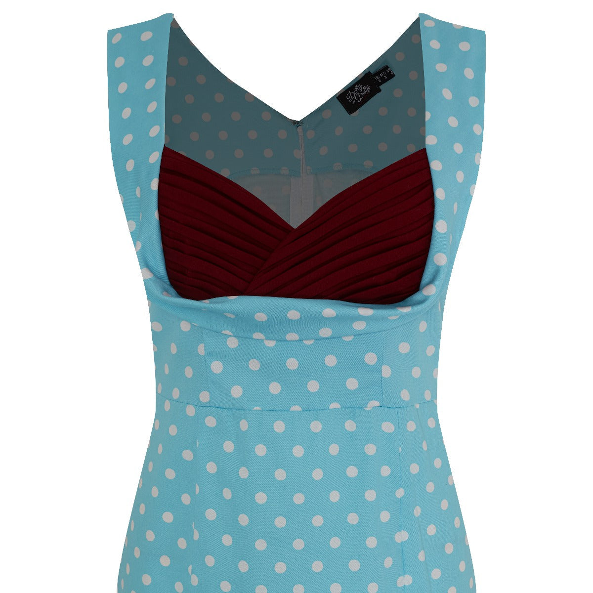 Georgette Vintage Inspired Wiggle Dress in Light Blue with Burgundy & White Polka Dots