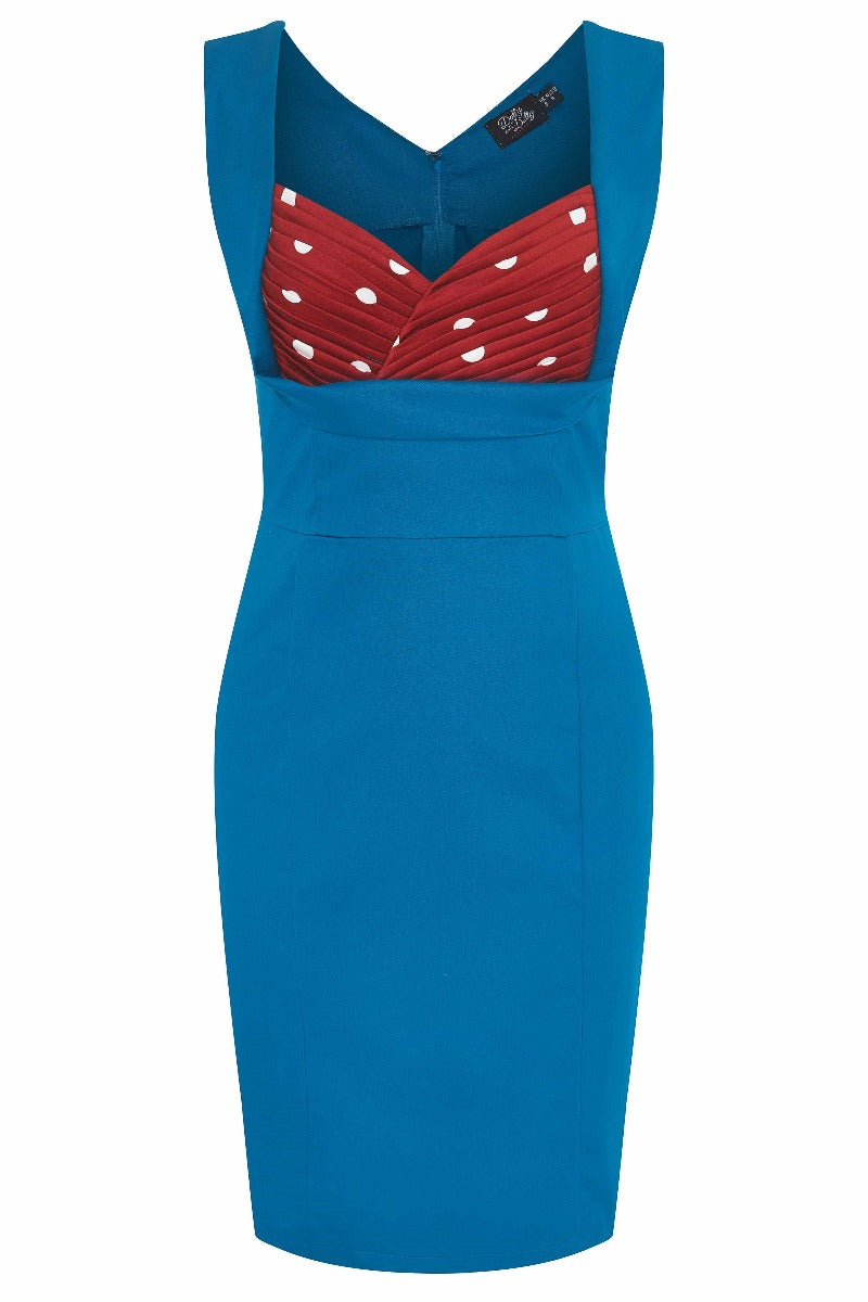 Georgette Wiggle Dress Blue Skirt with Bur Bust/White Polka