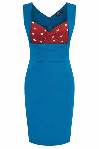 Georgette Wiggle Dress Blue Skirt with Bur Bust/White Polka