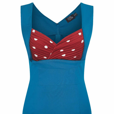 Georgette Wiggle Dress Blue Skirt with Bur Bust/White Polka