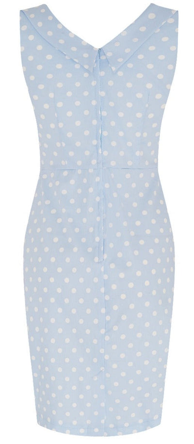 Georgette Tight Wiggle Dress Sky Blue & Burgundy Red Polka Dot