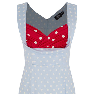 Georgette Tight Wiggle Dress Sky Blue & Burgundy Red Polka Dot