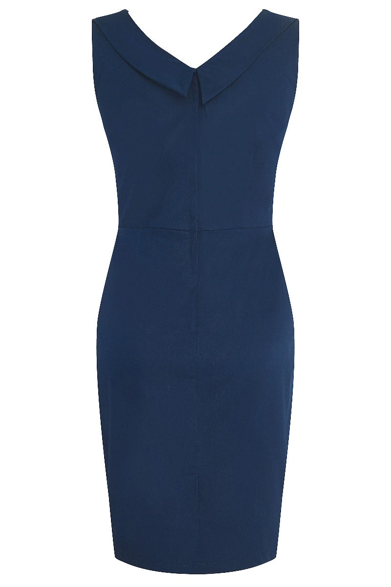 Georgette Vintage Inspired Wiggle Dress in Navy Blue with White and Black Polka Dots