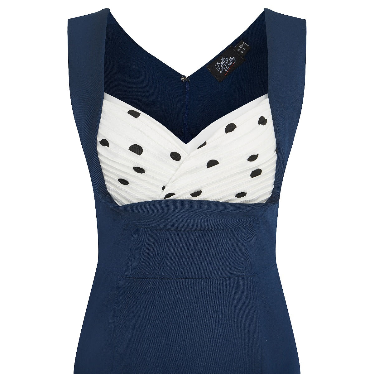 Georgette Vintage Inspired Wiggle Dress in Navy Blue with White and Black Polka Dots
