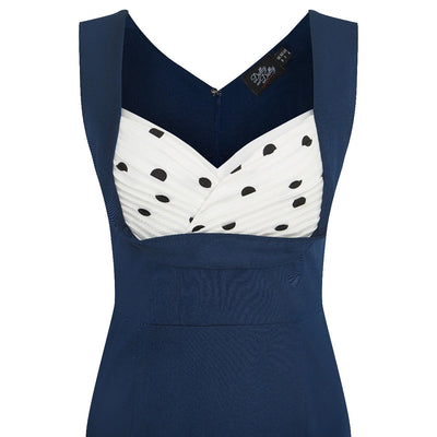 Georgette Vintage Inspired Wiggle Dress in Navy Blue with White and Black Polka Dots