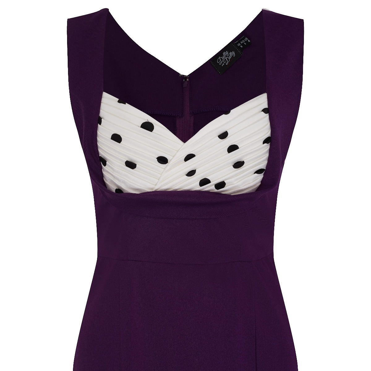 Georgette Ruffled Bust Wiggle Dress Purple & Black, White Polka