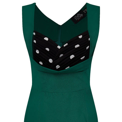 Georgette Ruffled Bust Wiggle Dress Green, Black & White Polka