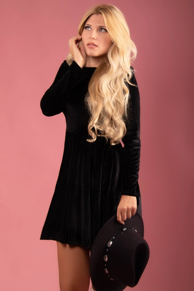 Hillary Short Velvet Swing Dress With Long Sleeves in Black
